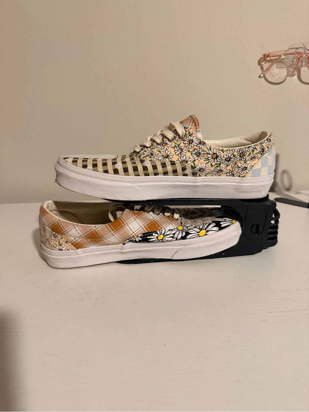 Vans Women's Patchwork Pattern Low Top Sneakers - Cream, Black & Light Blue - Picture 2 of 7